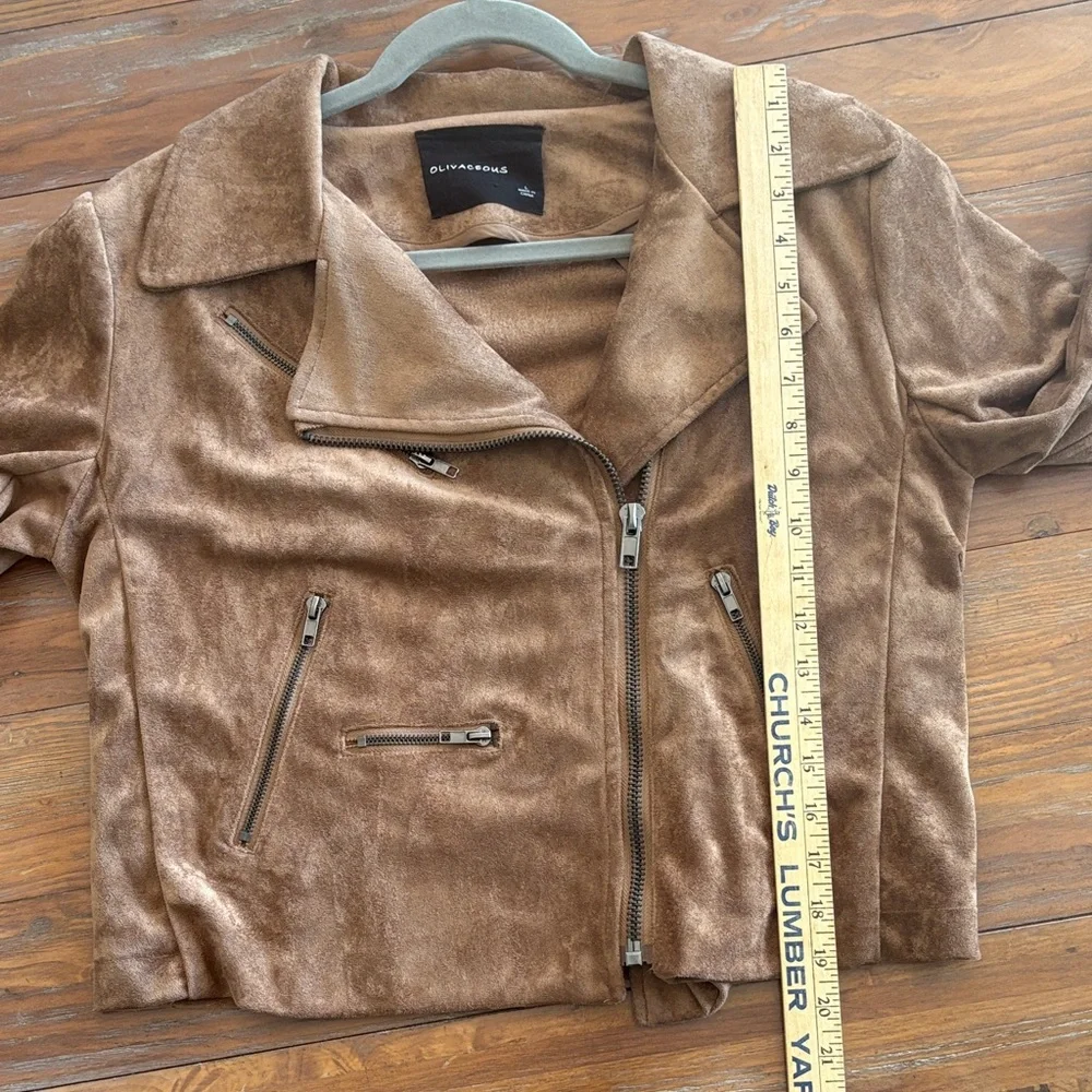 Olivaceous Brown Faux Suede Moto Jacket Size Large | Soft Zip-Up Biker Style - Picture 12 of 14